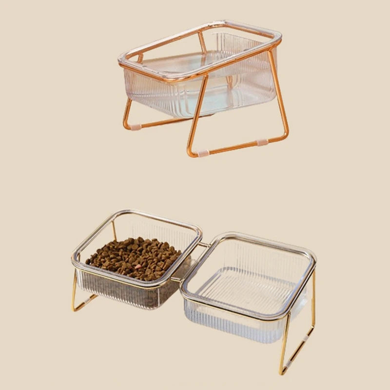 Pet Double Bowl Transparent High Foot Cat Bowl Drink Water Cat Food With Stand Raised Water Feeder Dog Bowl Supplies Easy To Use